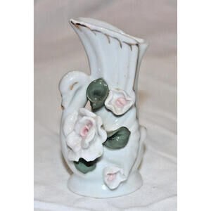 Mini Porcelain Swan Bud Vase 4” Tall Gold Trimmed Wings Eyes Pale Pink 3D Roses